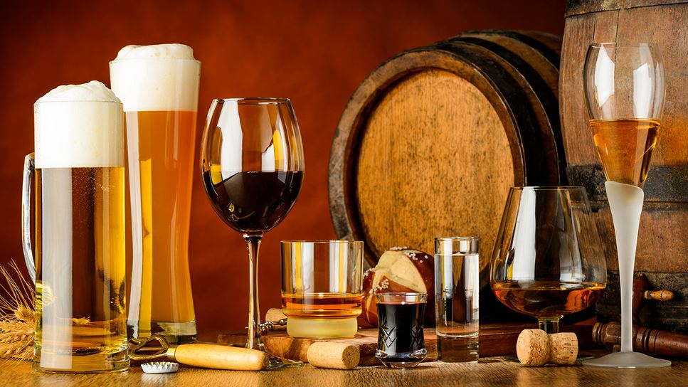 Beer, wine and liquor or spirits are three types of alcoholic beverages.