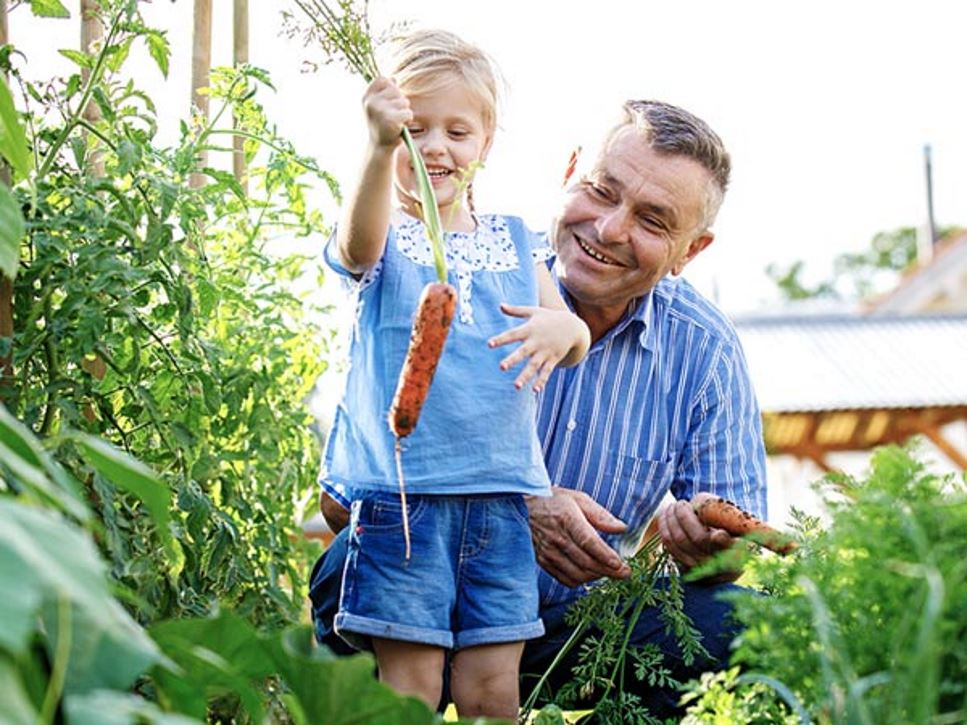 Man and child in the home garden