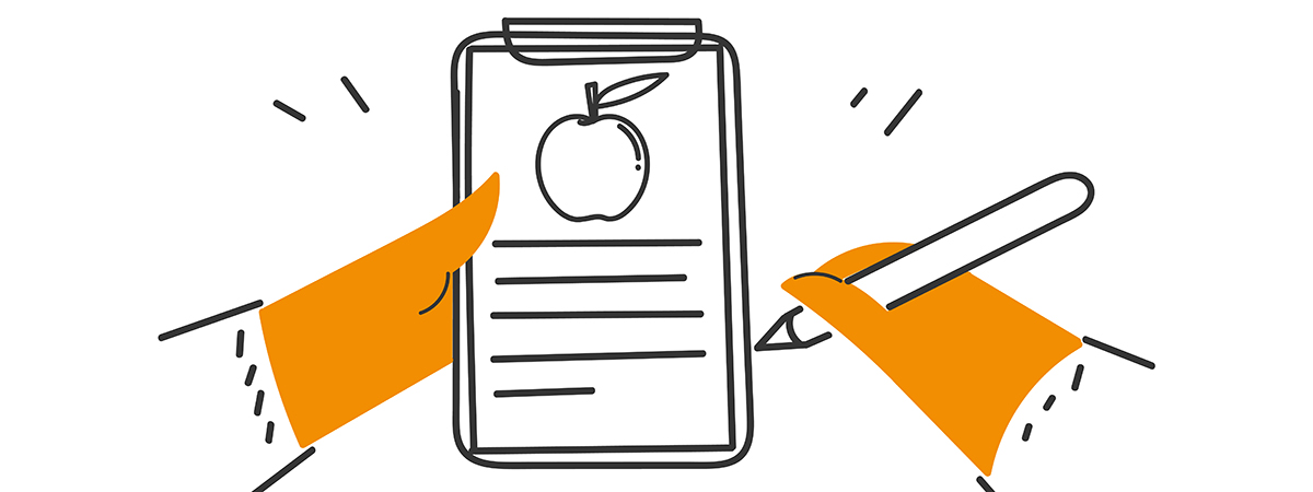 Heads holding a clipboard with an apple drawn on the form