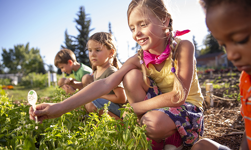 Children plant herbs in a community garden during August for Kids Eat Right Month.