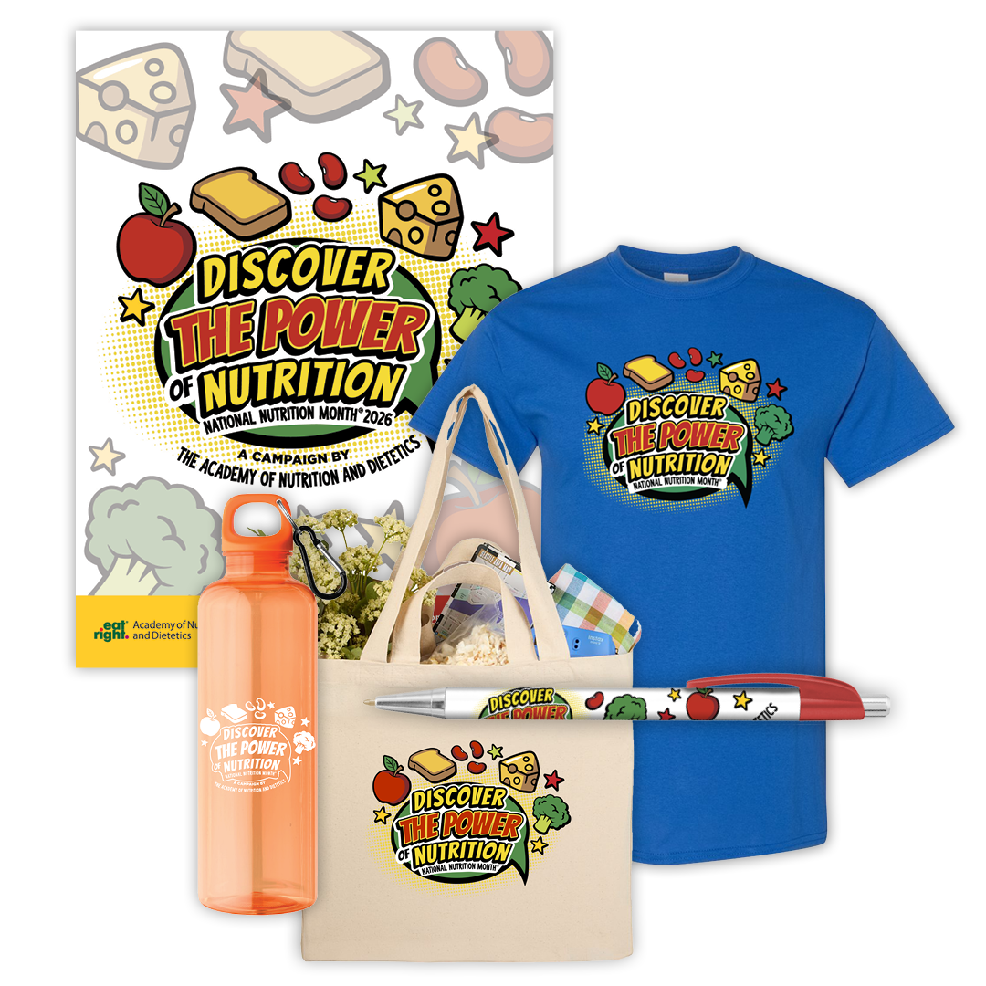 Product group shot of National Nutrition Month 2026 merchandise, including a t-shirt, water bottle, tote bag and pen.