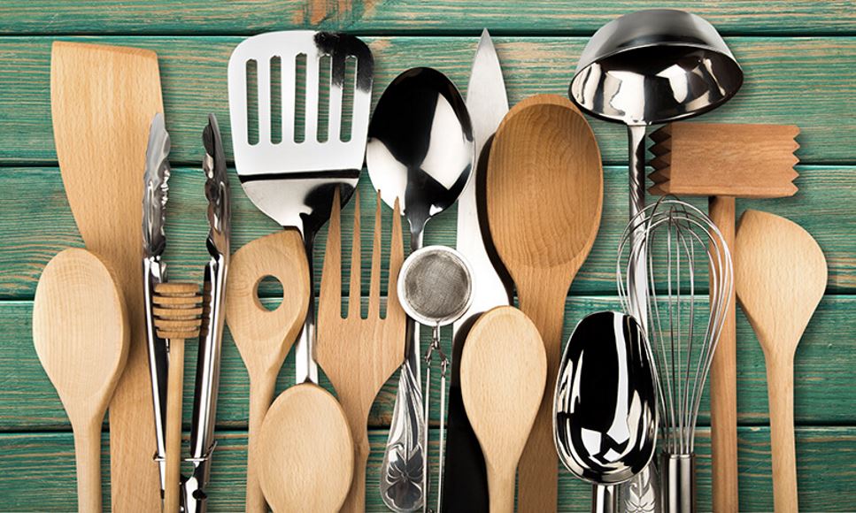 assortment of kitchen tools for cooking and meal prep