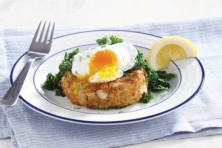 Cod Cakes with Poached Egg and Wilted Kale
