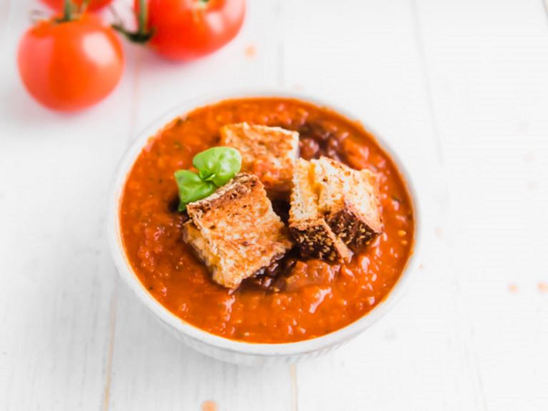 Roasted Tomato Soup with Grilled Cheese Croutons Recipe