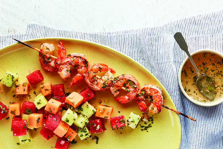 shrimp and melon salad on skewers