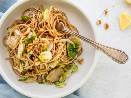 Whole-Grain Pasta with Brussels Sprouts and Walnut Vinaigrette Recipe